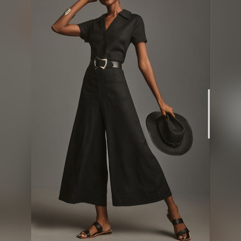 $188 Anthropologie Maeve 10 Colette Wrap Culotte Jumpsuit Black Wide Leg NO BELT
